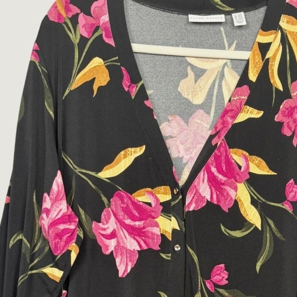 Susan Graver Cardigan Womens 2XP Petite Floral Snap Front Long Sleeve Pockets